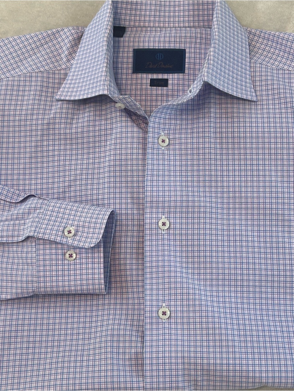 David Donahue Trim Fit Check Dress Shirt 16.5 32/33 Plaid Cotton